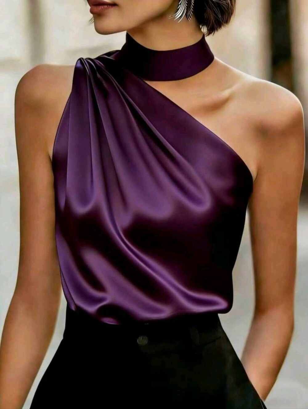 Jinrongfs Halter Neck One Shoulder Draped Asymmetric Blouse